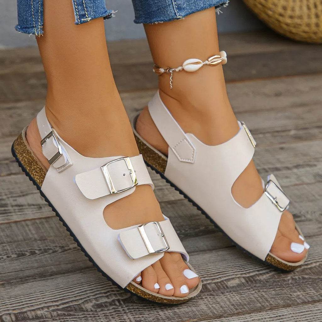 Women's flat sandals with square buckle, chunky sole, round toe, PU upper, rubber outsole, casual style