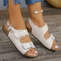 Women's flat sandals with square buckle, chunky sole, round toe, PU upper, rubber outsole, casual style