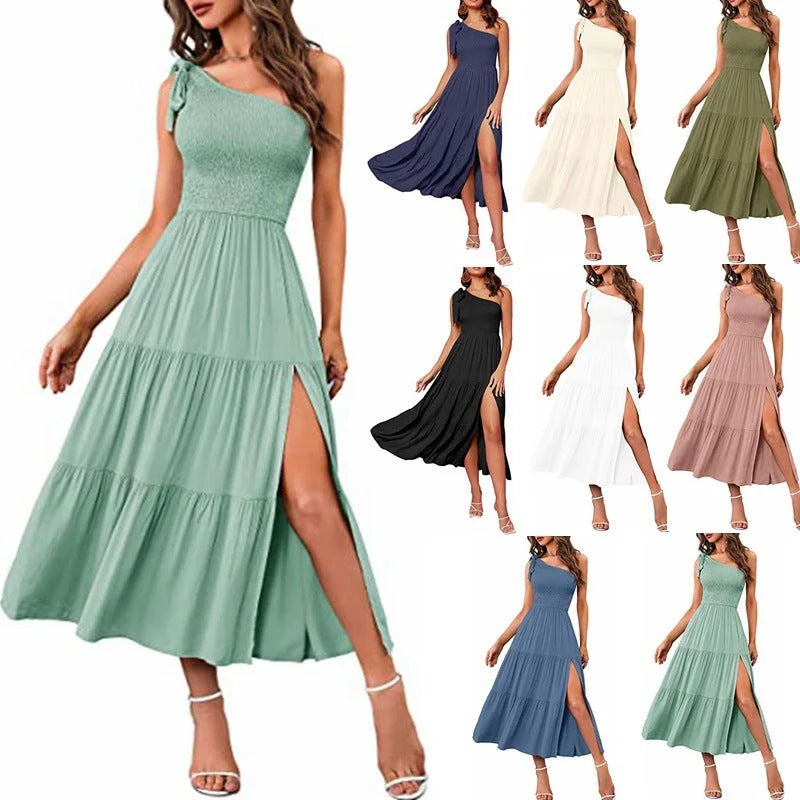 One-shoulder pleated dress with leg-revealing side slits in various colors