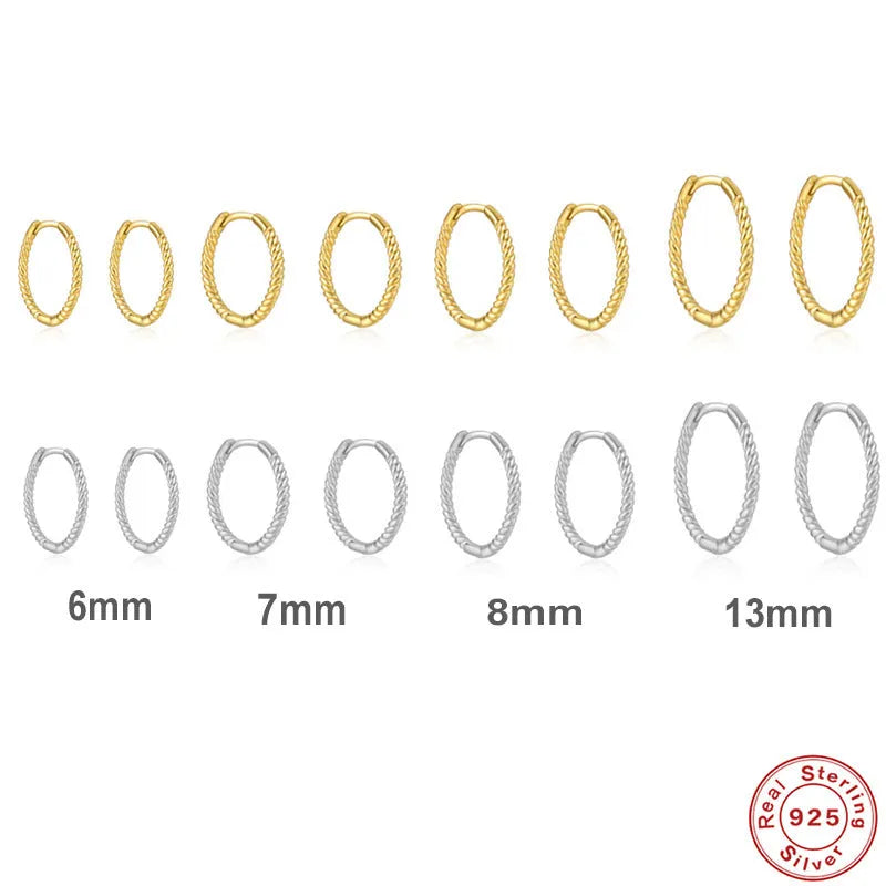 S925 sterling silver twisted string round ring earrings in multiple sizes from 6mm to 13mm diameter