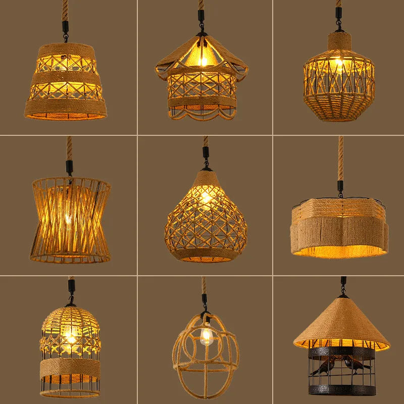 Hemp rope industrial style chandelier with black metal frame and 16 size options for restaurant or café lighting