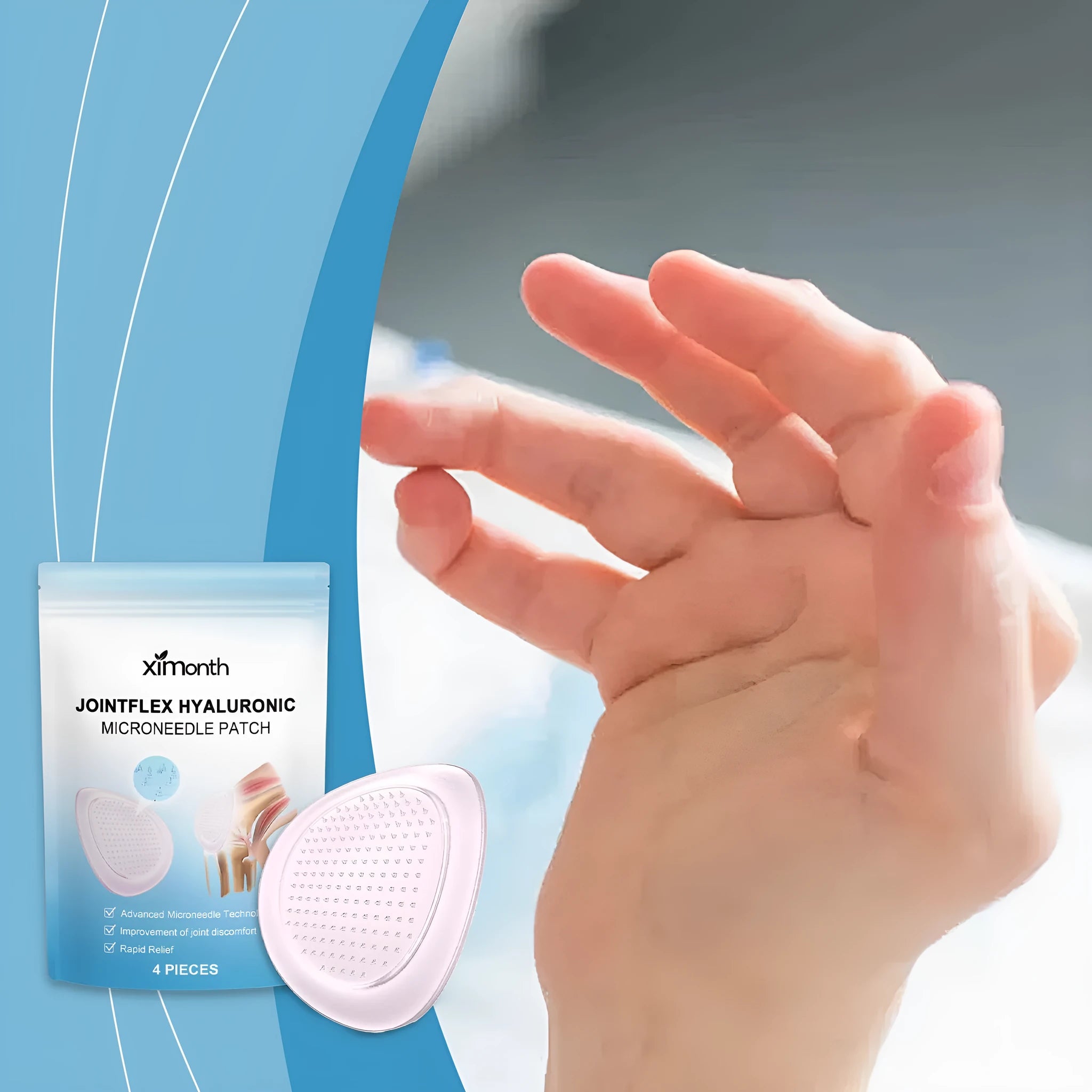 Four curcumin joint microneedle patches for pain relief in opened packaging