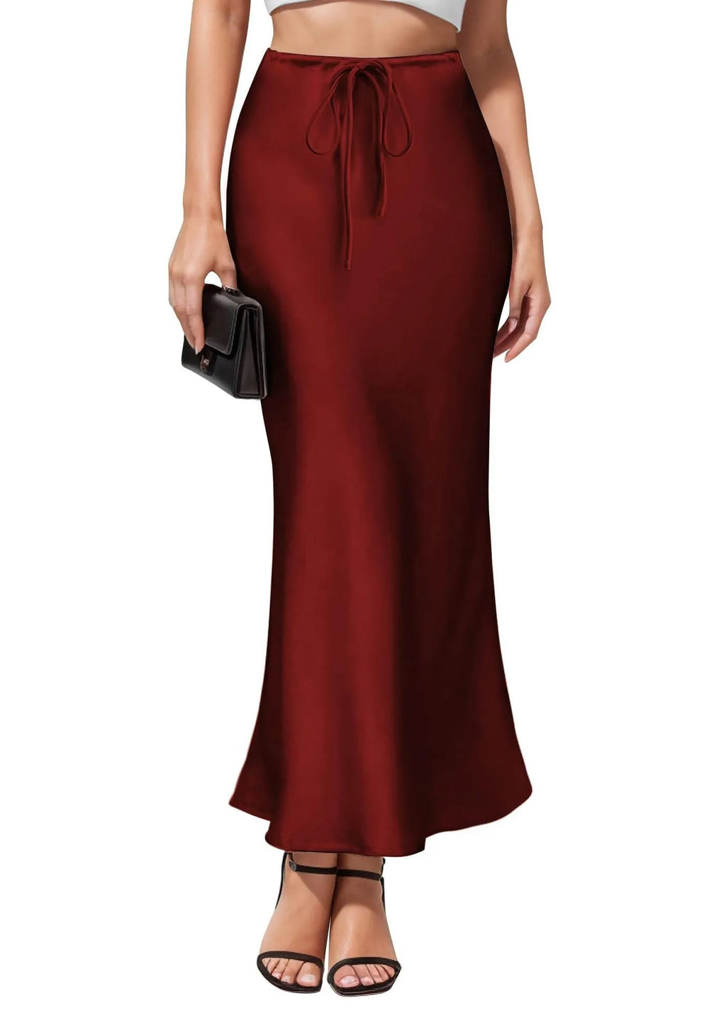 High-waisted asymmetric acetate satin skirt in a solid colour with irregular stitching detail.
