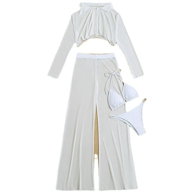 White women's 4-piece swimsuit set with high-waisted trousers and backless top