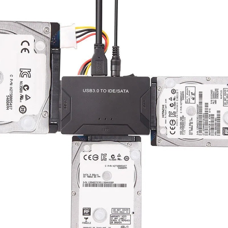 USB to IDE multifunctional converter adapter with SATA and IDE ports, power supply, and cables