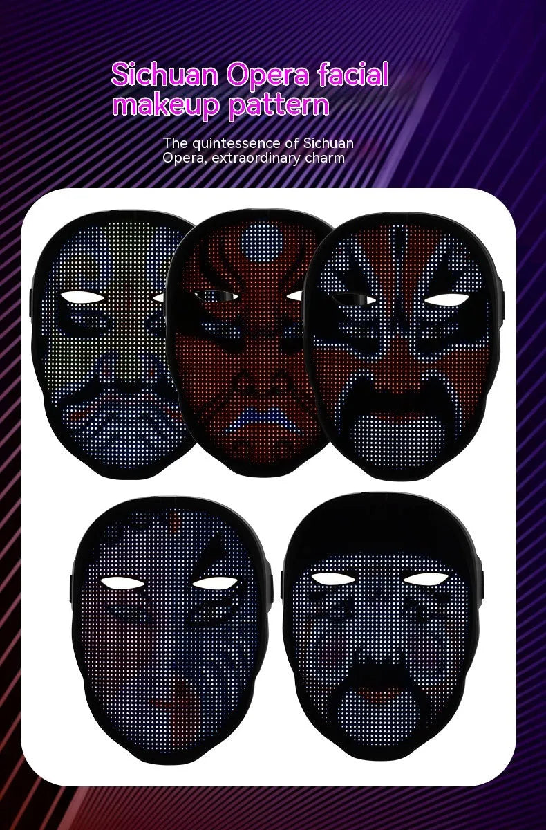 LED luminous face changing mask with colourful display and pre-cut eyeholes