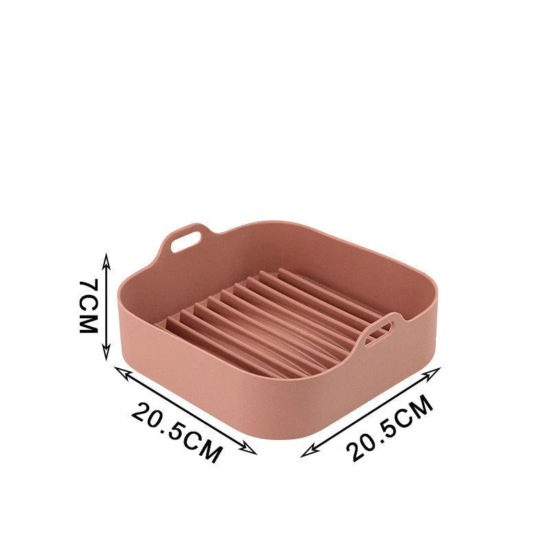 Reusable silicone air fryer liner in various colours, heat resistant up to 450°F