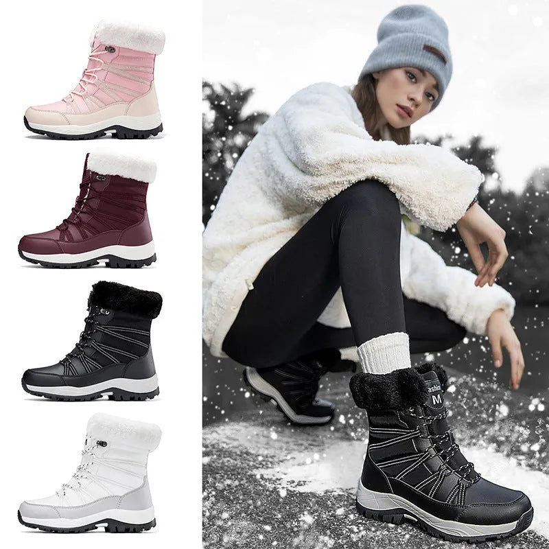 Women's winter fleece-lined mid-top boots in four colours with non-slip TPR sole