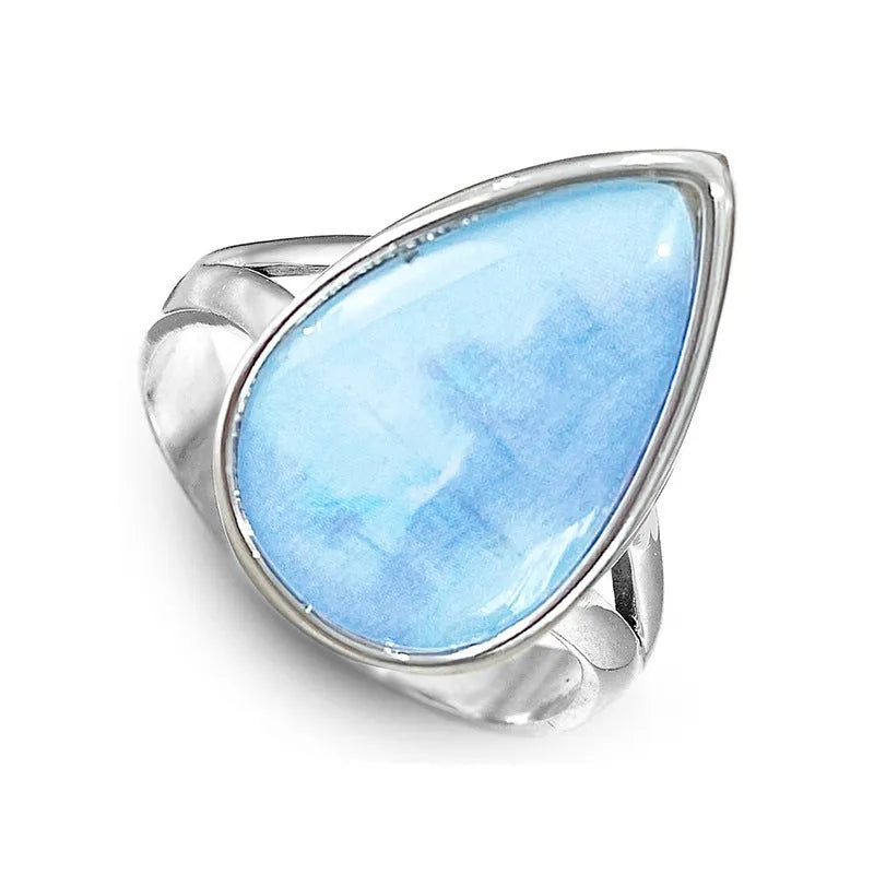 Blue water drop geometric copper ring for women with electroplated A077 White Gold finish