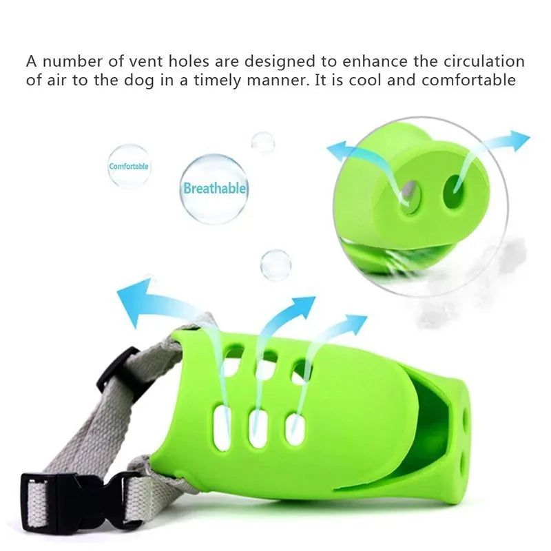Blue silicone dog anti-bite mouth cover showing measurements for large and small sizing options