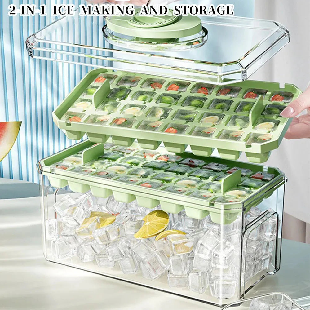 PP plastic ice cube tray with pressing lid, white single layer 32 grid, stackable quick demould design