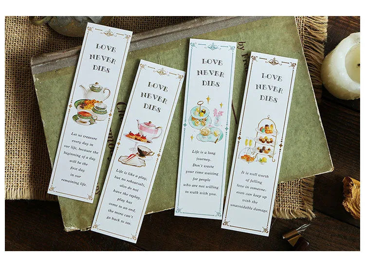 Pack of 30 thick white cardboard bookmarks with various illustrated designs