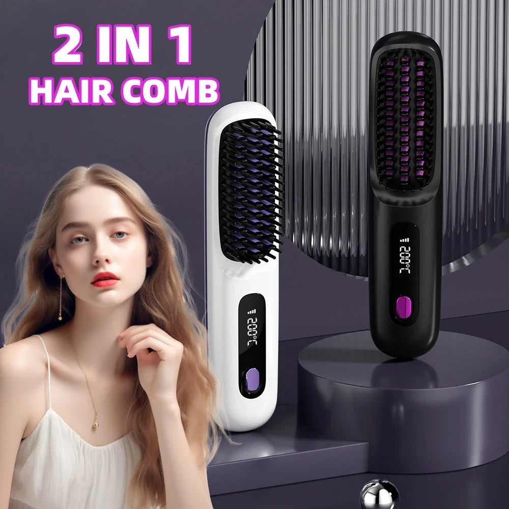 Cordless hair straightening brush with fast heating, long-lasting battery, and USB charging capabilities