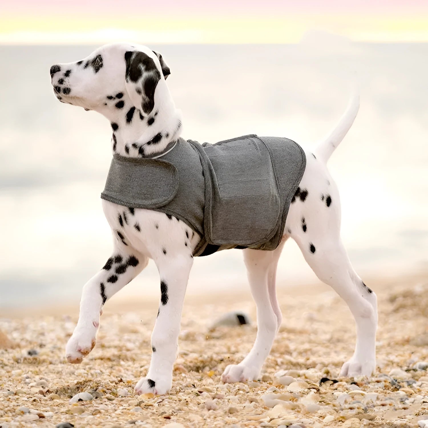 Heather Grey brocade cotton dog anxiety vest shown on a model dog, featuring a simple one-piece design.