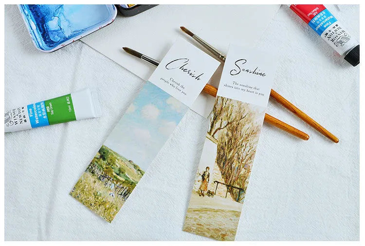 Pack of 30 thick white cardboard bookmarks with various illustrated designs