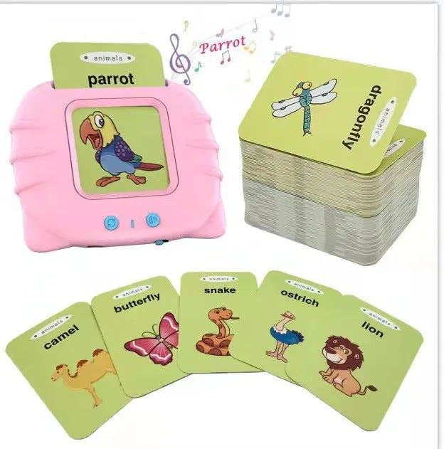 Blue children's English learning card machine with audiobook cards showing 18cm length