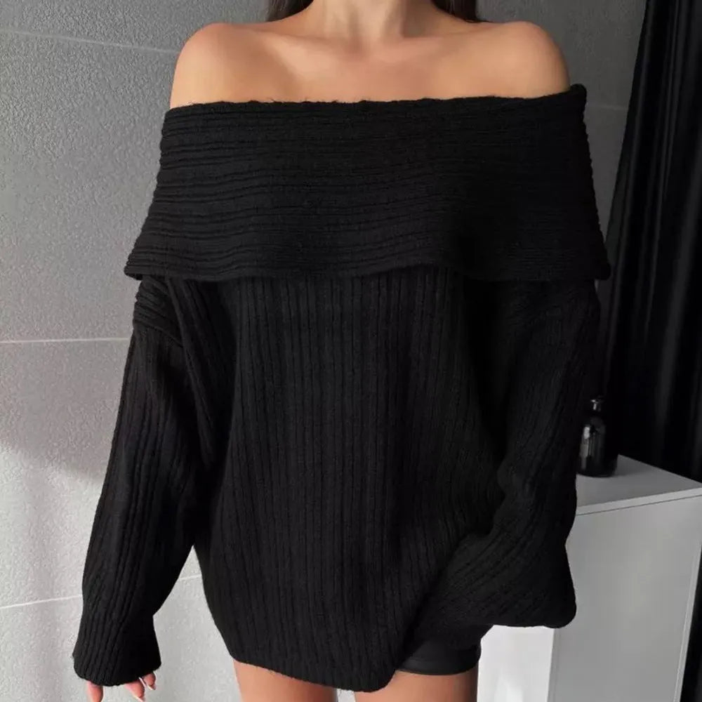 Women's loose acrylic long-sleeve pullover sweater in white, black, khaki, or red colours