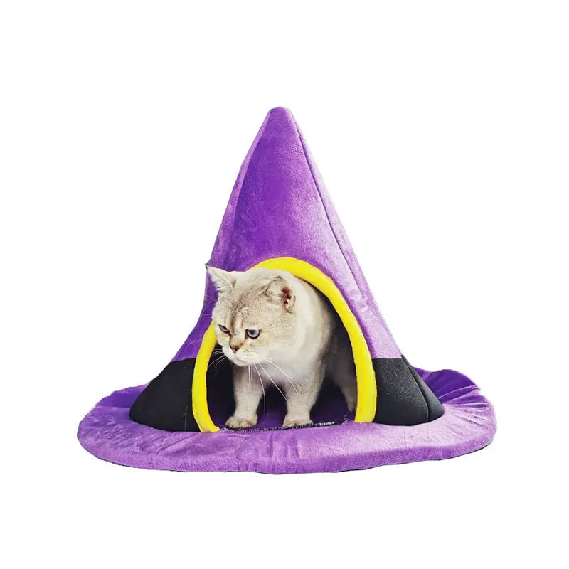 Purple Halloween witch hat shaped cloth cat nest bed measuring 60cm by 45cm
