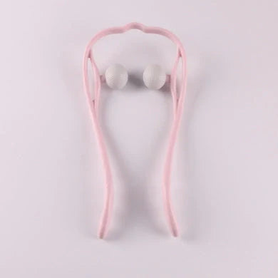 Six-wheel neck massager in blue and pink with 360° rolling balls for muscle relief