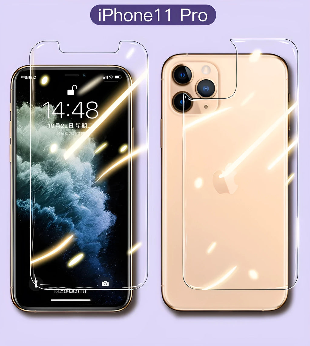 iPhone tempered glass screen protector and rear camera protector film set for 11, X, and XS models.