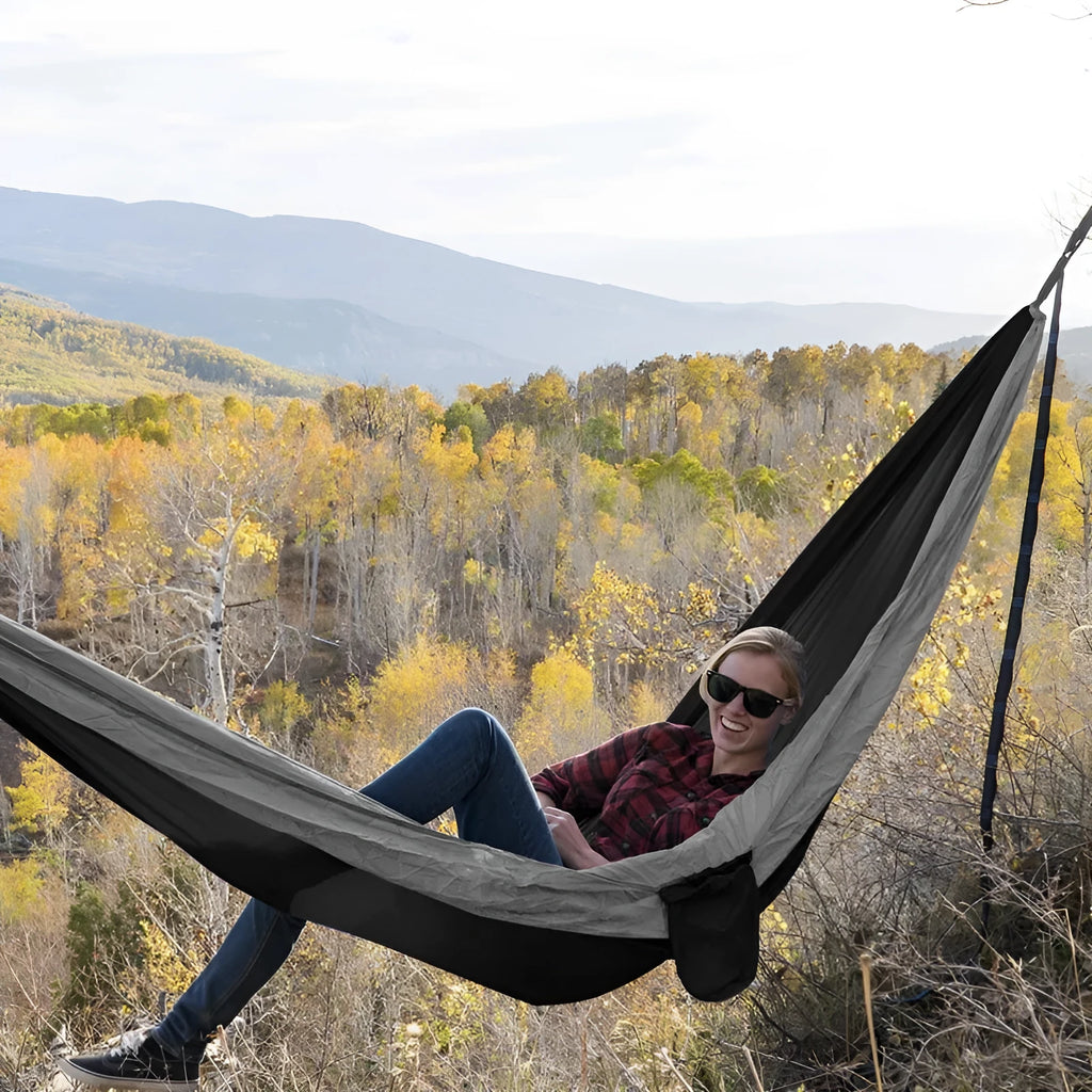 Double parachute hammock 210T nylon 300x200cm in black brown with tree straps on outdoor trees