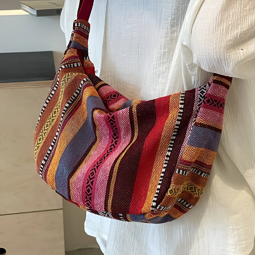 Women's canvas crossbody dumpling bag in ethnic style with three-dimensional pockets