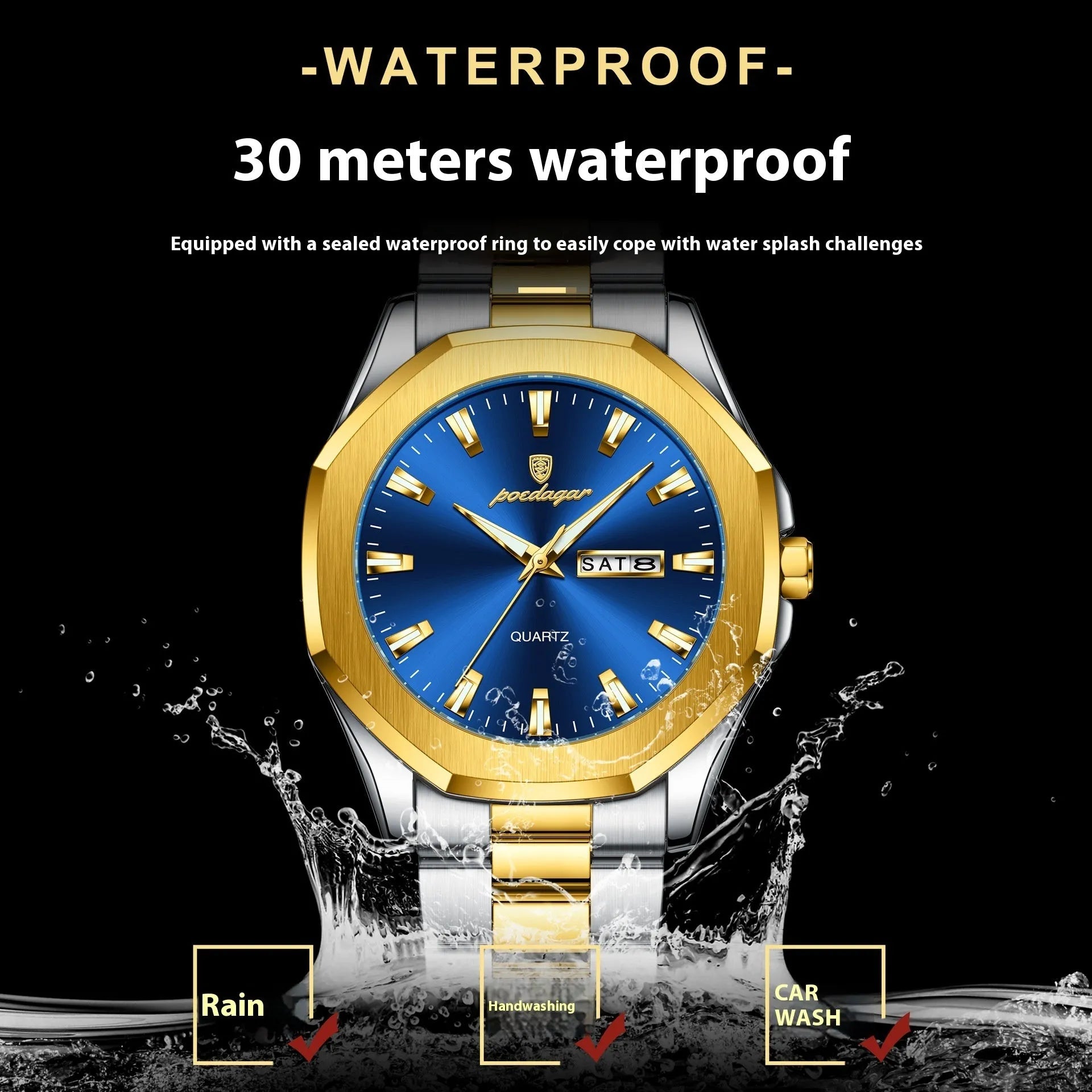 Men's slim stainless steel business quartz watch in gold and silver colour options on wrist.