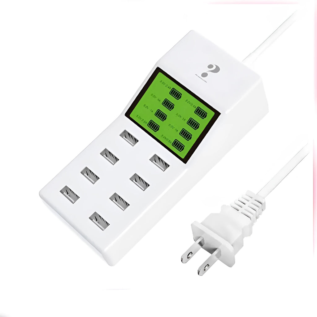 White multi-port USB mobile phone charger with UK, EU, US plug adapters on a desk