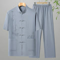 Men's cotton summer leisure suit with short sleeves in grey, available as two-piece set with trousers
