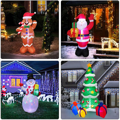 Illuminated Christmas inflatable decorations including Santa, snowman, and Christmas tree in a festive outdoor scene