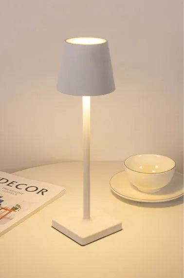 Aluminium LED charging table lamp with touch dimming and USB rechargeable base, available in multiple colours