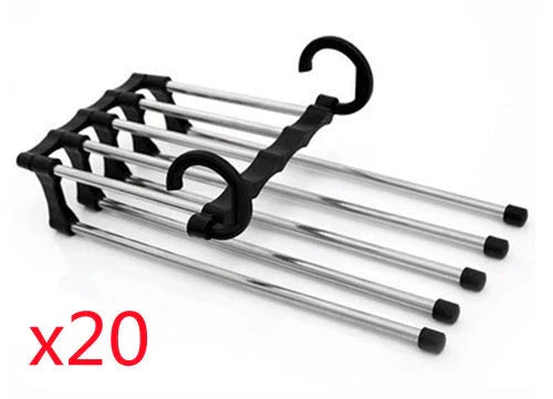 Versatile 5-in-1 stainless steel clothing rack with dual-hook system for organised wardrobe