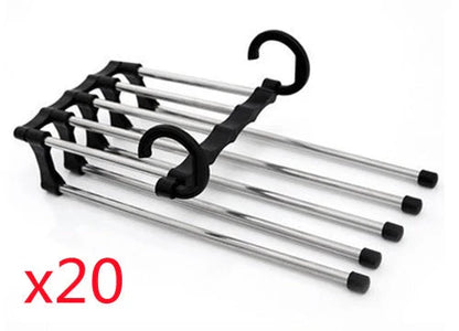 Versatile 5-in-1 stainless steel clothing rack with dual-hook system for organised wardrobe
