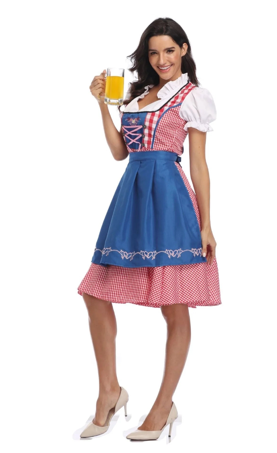 Women's Oktoberfest ethnic dress in red denim with apron and ribbon, sizes S to XXL