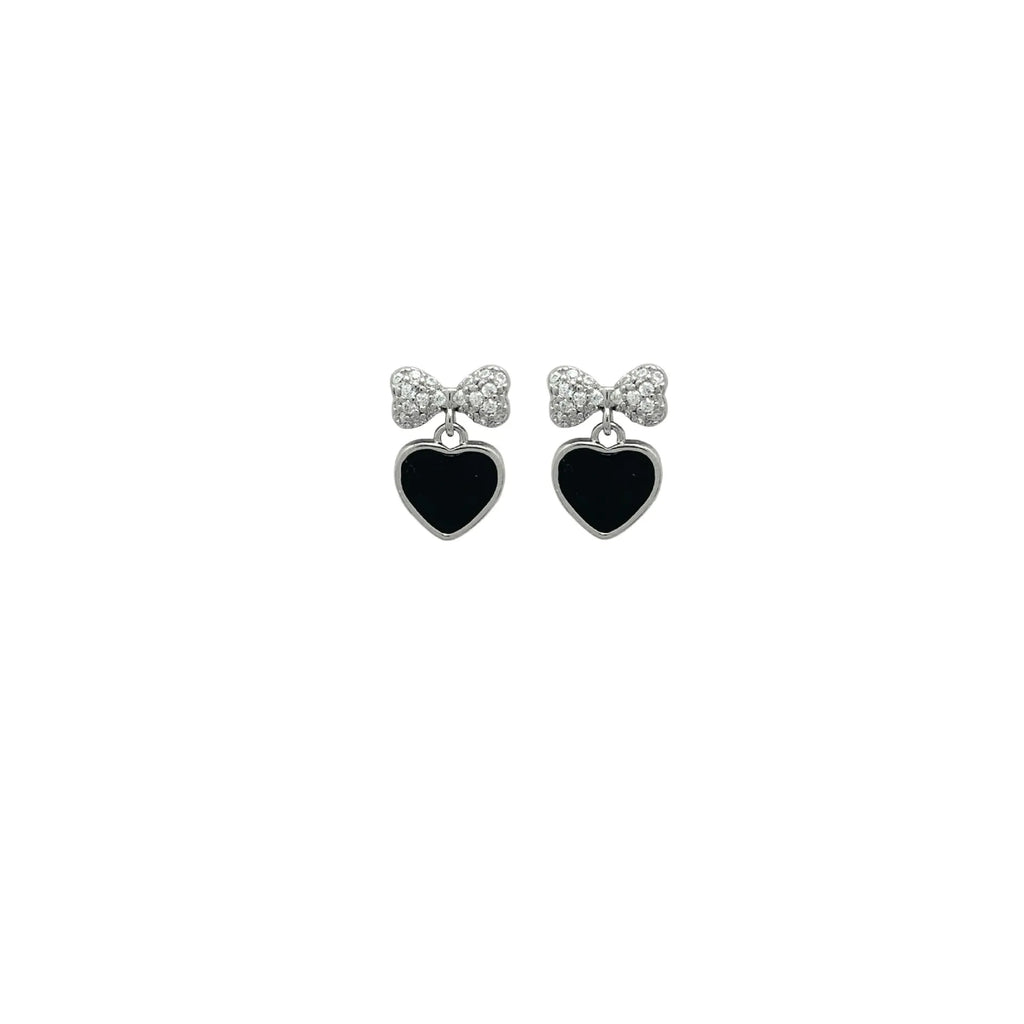Copper earrings with inlaid zircon heart and bow shapes as a pair of ear clips or ear studs