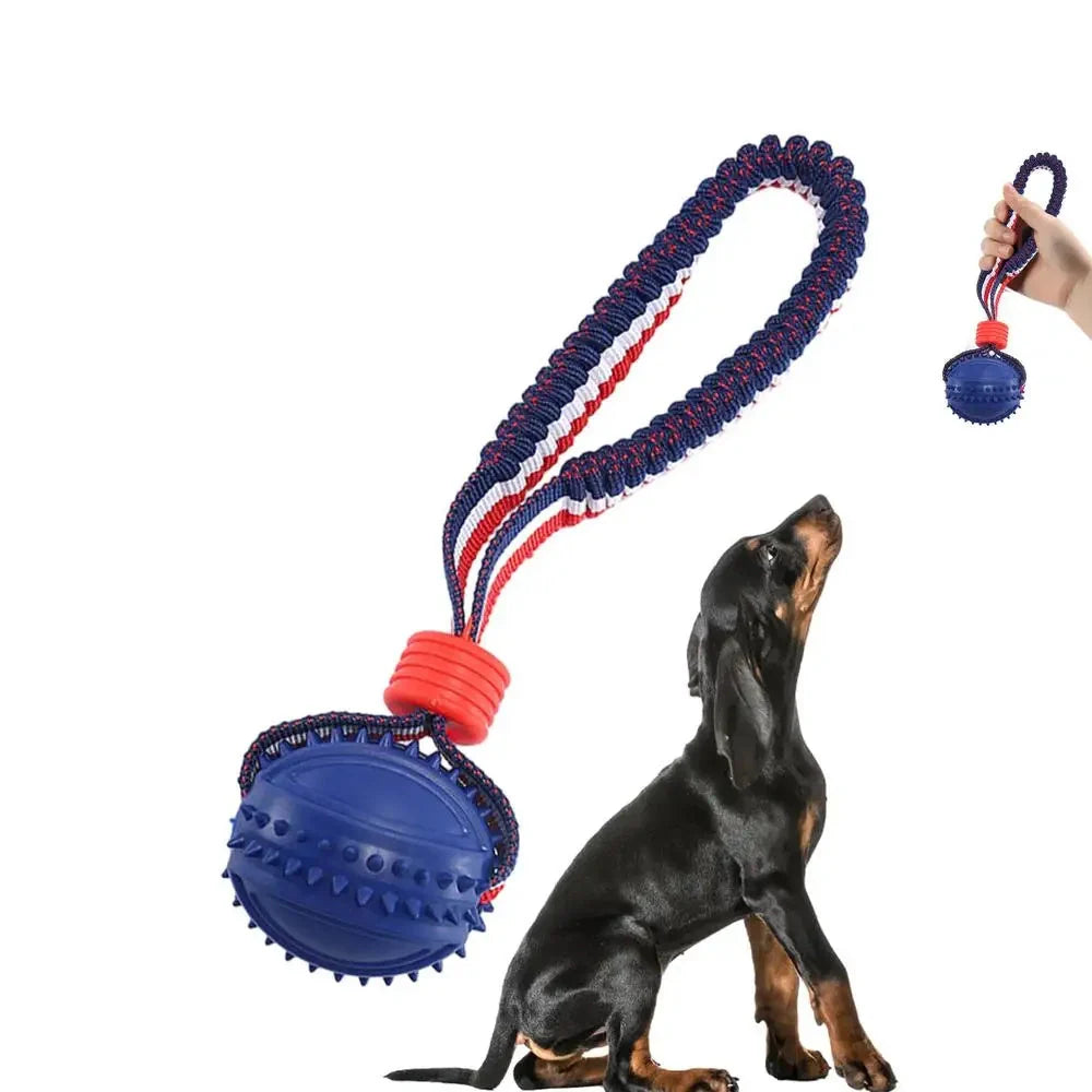Interactive dog toy ball with rope for teeth cleaning and training in various colors