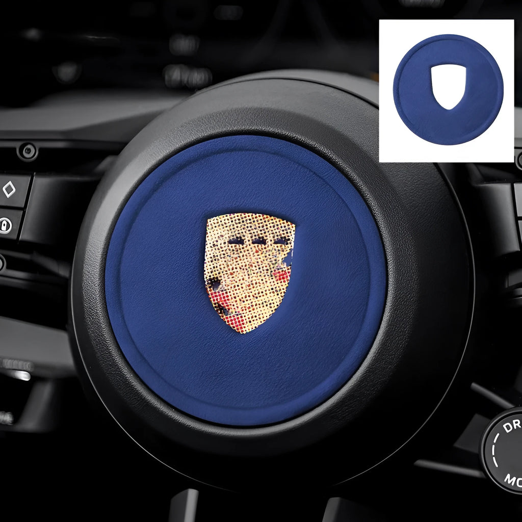 Porsche steering wheel sticker cover in imported suede, multiple colour options including sapphire blue and carbon black