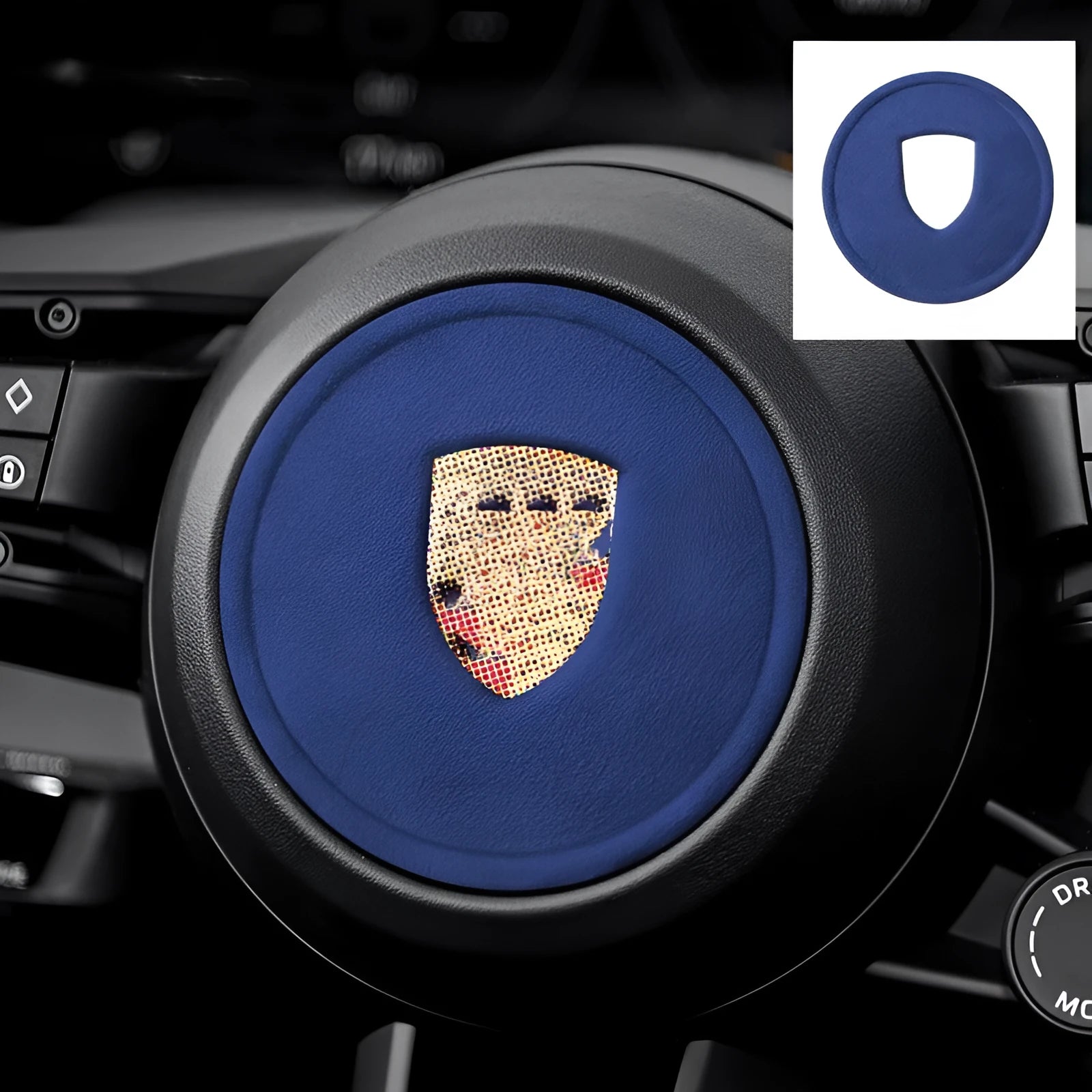 Porsche steering wheel sticker cover in imported suede, multiple colour options including sapphire blue and carbon black