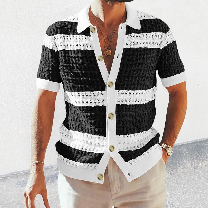 Men's summer knitted polo neck short sleeve cardigan in breathable polyester