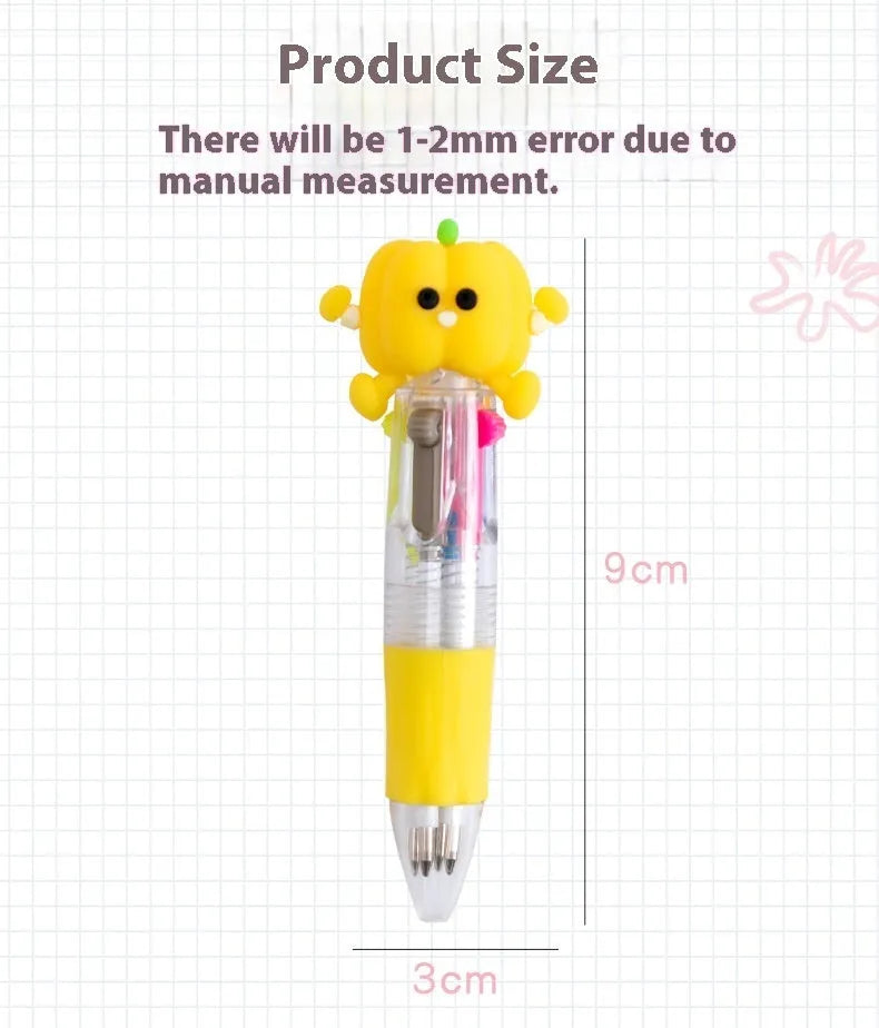 Cartoon-themed four-colour press ballpoint pen with plastic and silicone body and 0.7mm bullet tip