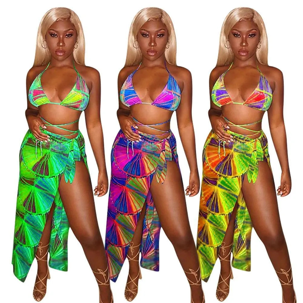 Split swimsuit bikini three-piece floral gradient print nylon women beach swimwear green orange red