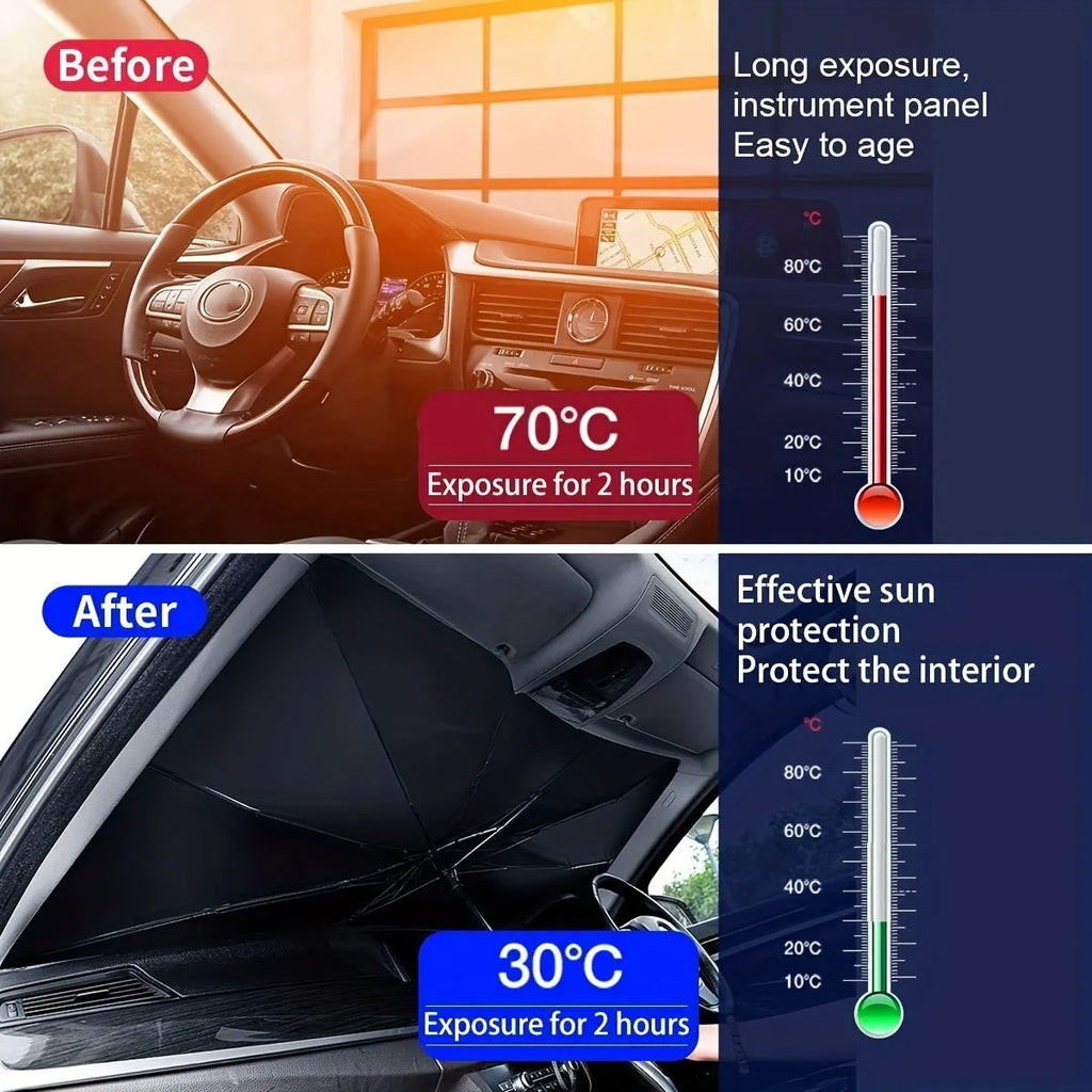Foldable car windshield sunshade umbrella shown open and folded, with automatic rebound button.