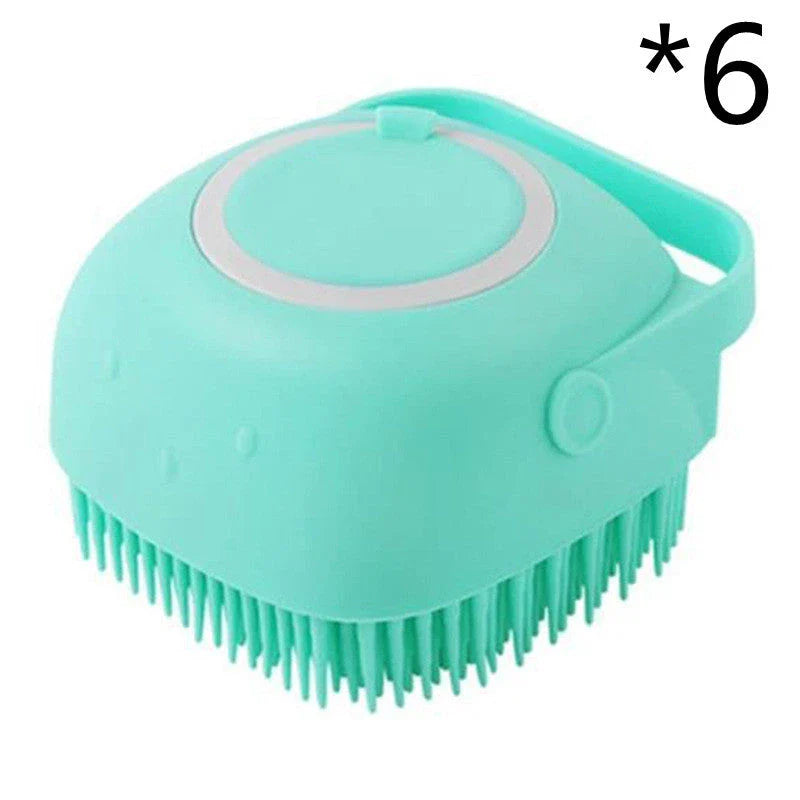 Premium silicone pet grooming brush with soft bristles, shampoo reservoir, and ergonomic handle for gentle, effective pet bathing and massage