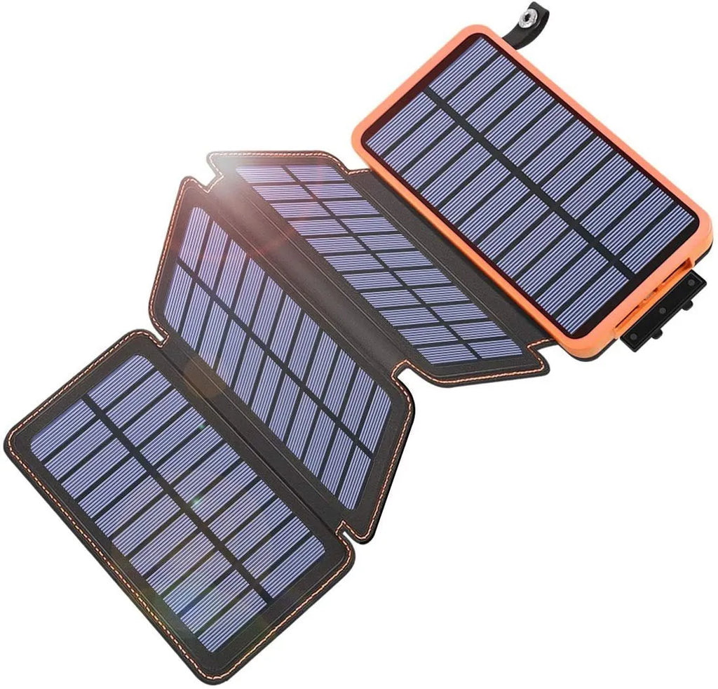 Outdoor rainproof solar phone charger with LED light in black, blue, green, and orange colours.