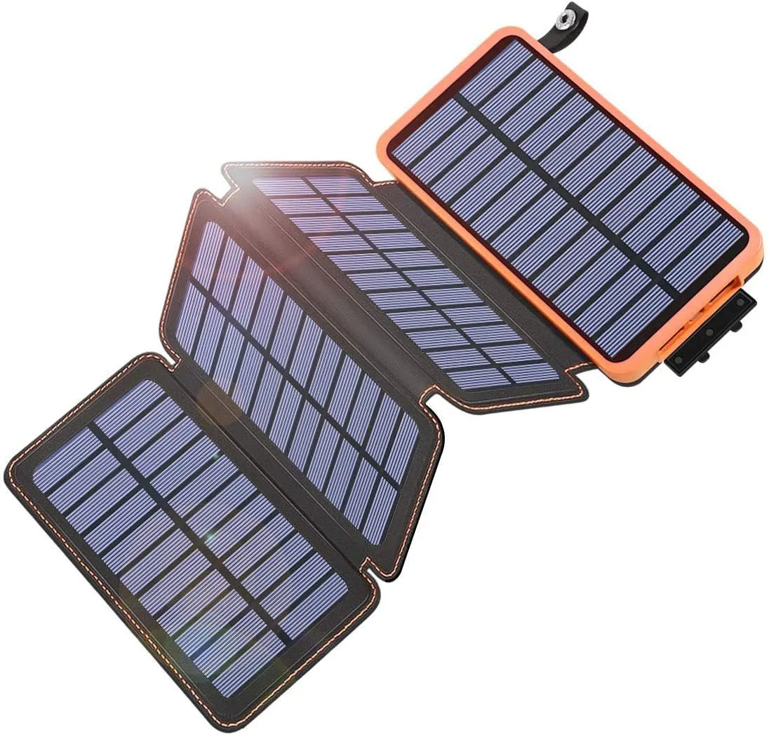 Outdoor rainproof solar phone charger with LED light in black, blue, green, and orange colours.
