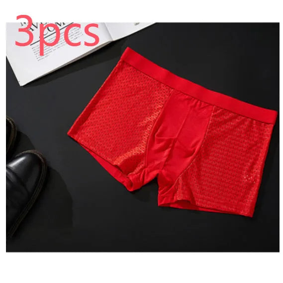 Men's black ice silk modal boxer briefs with a U-convex design and mid waistband laid flat.