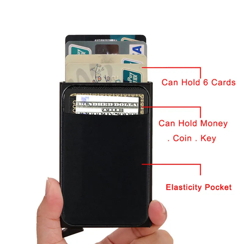 Frosted aluminium metal credit card holder in multiple colours showing slim profile.