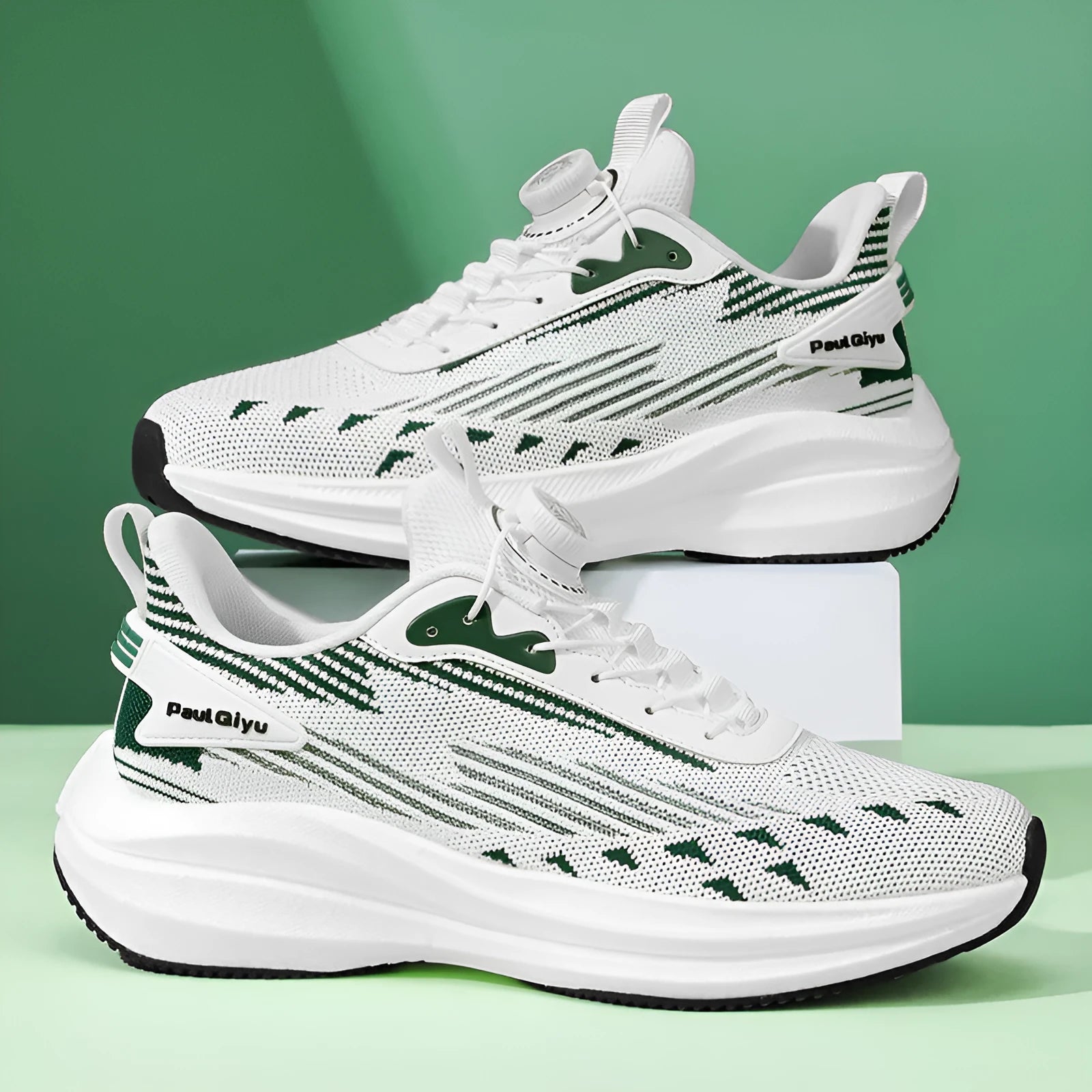 Men's white-green and grey fly-kit mesh running shoes with a rotating buckle lace-up and flat heel