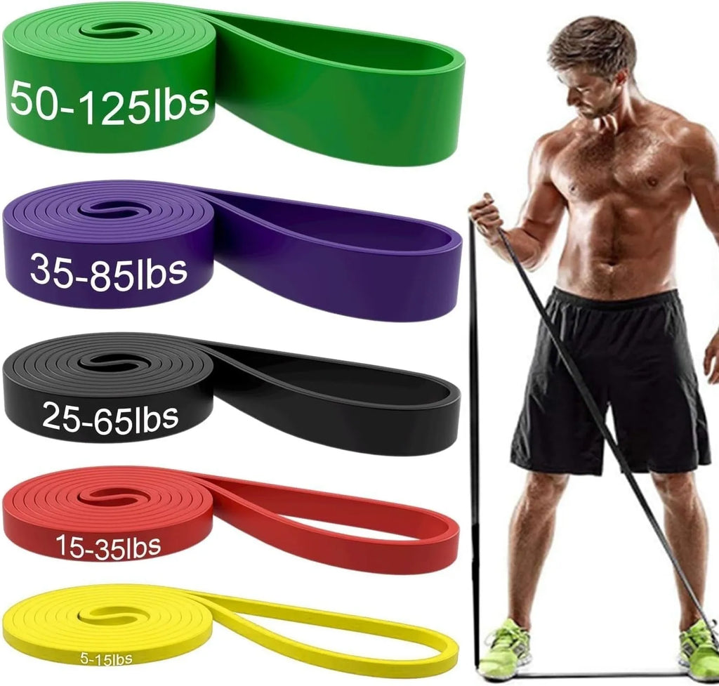 Set of five TPE resistance bands in yellow, red, black, purple, and green on a wooden floor