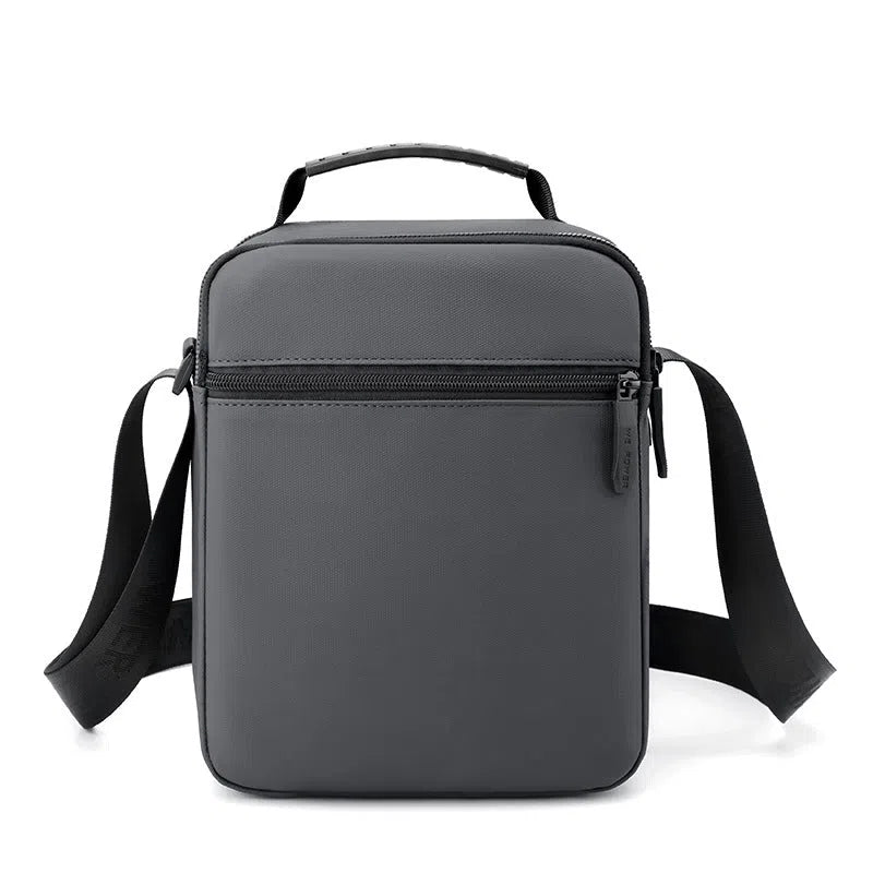 Men's water-repellent PU crossbody bag in army green with single-shoulder strap on grey background